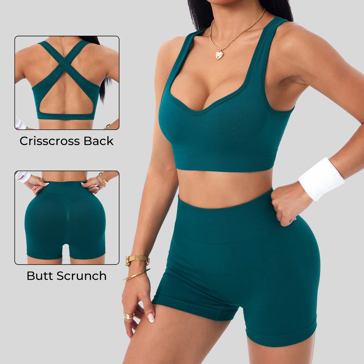 Women's Seamless Yoga Set Cross Strap Sports Bra Peach Butt Fitness Shorts Solid Pattern Printed Sports Apparel for Running Yoga