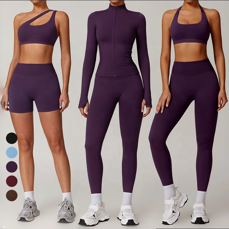 High Quality Women's One Shoulder Off Yoga Sets 5 Pieces Free Matching Workout Outfits Stretchy Sports Suit Gym Fitness Set