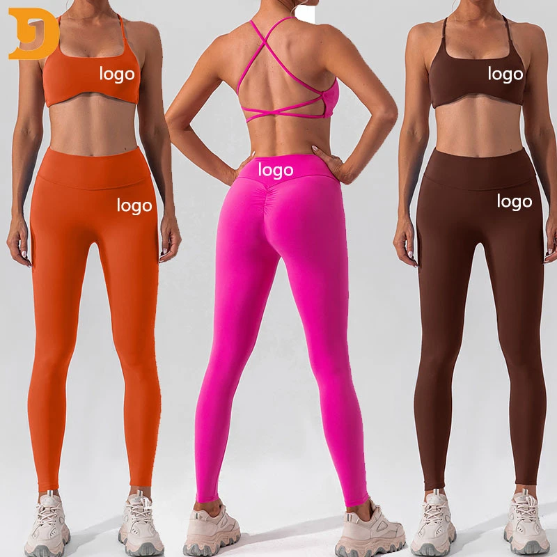Sexy Breathable 2 Piece Yoga Sets Clothes Women Cross Back Sports Bra Suits Lightweight High Waist Yoga Pants Wear