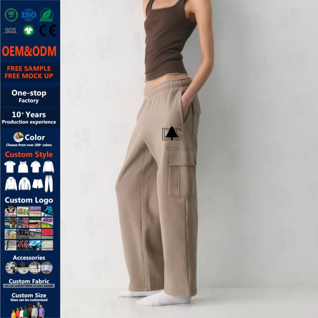 Women's Drawstring Mid-Rise 360g Fleece Anti Pilling Cargo Joggers Loose Fit Breathable Wide Leg Five-Pocket Casual Winter Pants