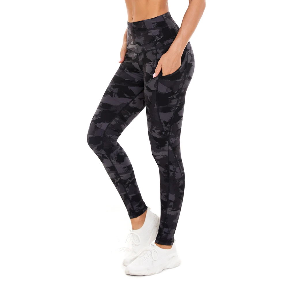 High Waist Tummy Control Yoga Pants Side Pockets Elastic Waist Athletic Running Tights Solid Pattern High Waisted Yoga Tights