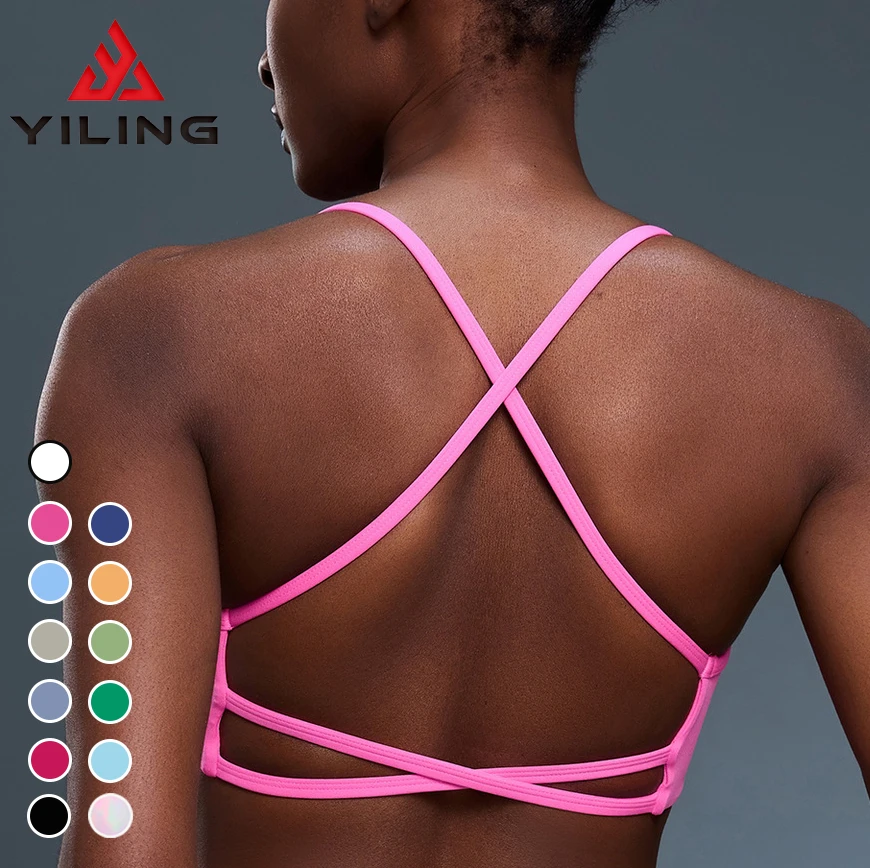 YILING Women's Sexy Fitness Gym Sports Bra High Strength Crew U-Neck Sports Top Breathable Shock-Proof Running Top Cross Back