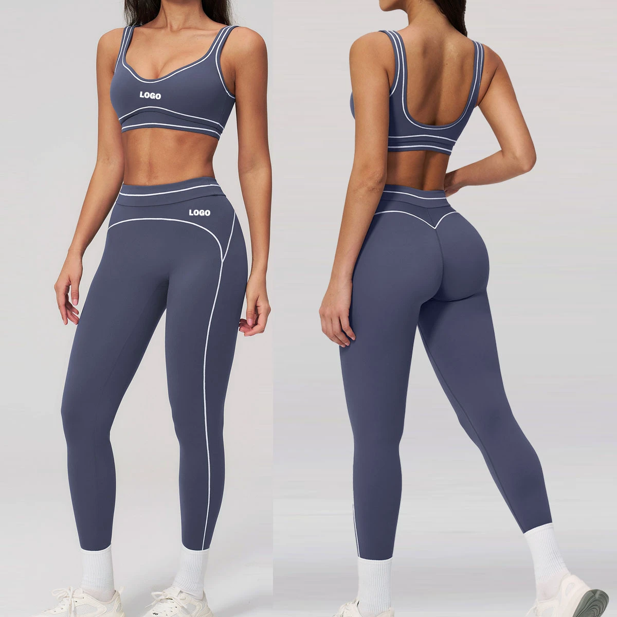 Custom High Quality Nylon Spandex 2 Piece Yoga Set Women Quick Dry Breathable Workout Clothes Contrast Line Sports Bra & Legging