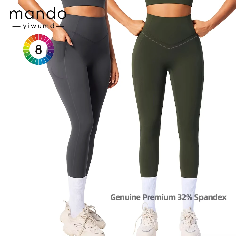 True Premium Blend 68% Nylon 32% Spandex Leggings Women's V Cut Tummy Control Leggings With Pockets