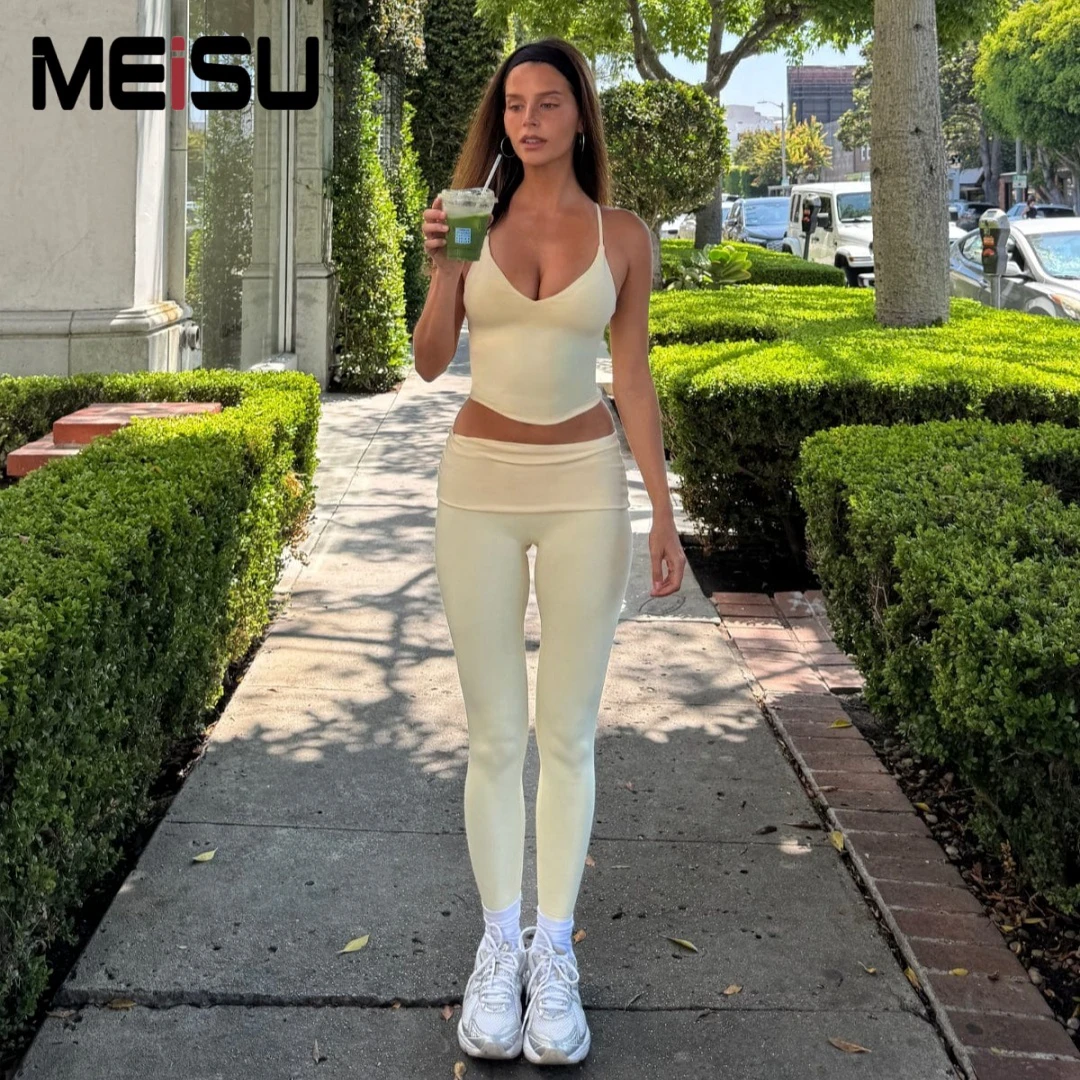 OEM 2 Piece Lemon Yellow Yoga Set Ins New Fashion Low Rise Sexy Yoga Pants V Neck Pilates Vest Gym Clothes Fitness Set for Women