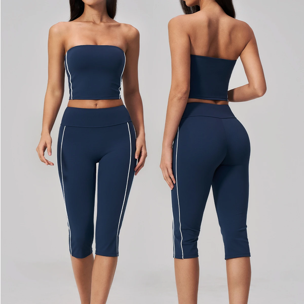 New Cross-border Strapless Solid Yoga Suit Women's Scrub Collision Belt Chest Pad Beauty Back Fashion Fitness 2-Piece Set