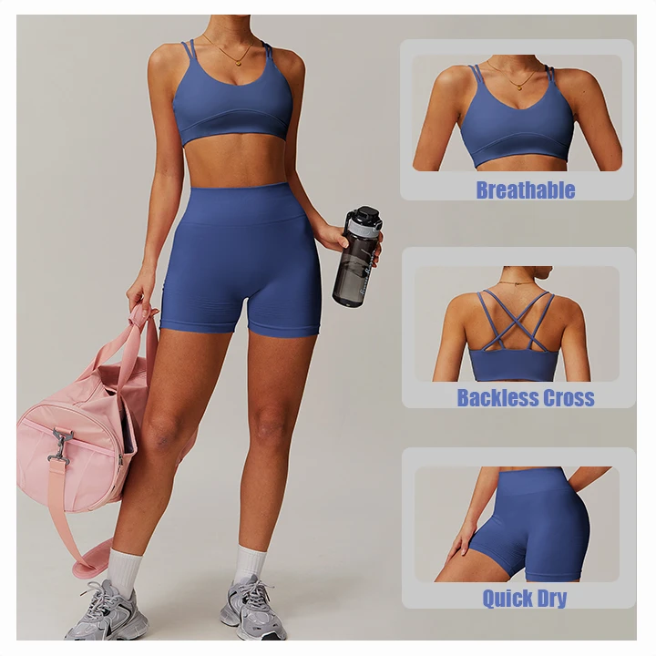Customized Breathable Backless Cross Bras and High Waist Pants Active Two Pieces Workout Fitness Women's Short Yoga Sweatsuit
