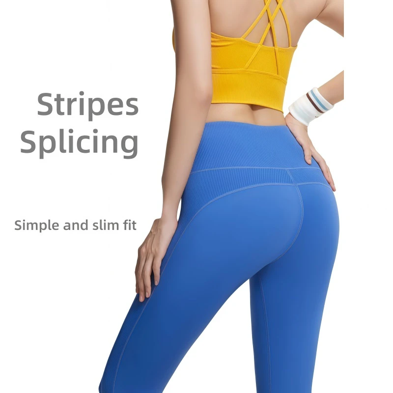 Stripes Splicing High Waist Yoga Pants Butt Lifting Breathable Tummy Control Running Workout Fitness for Women