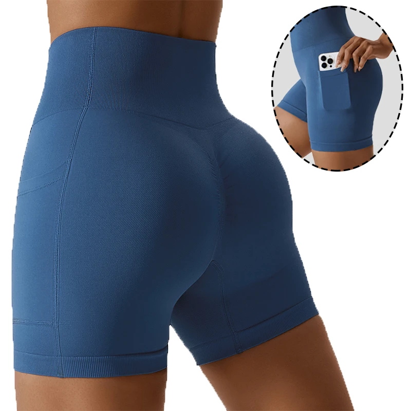 High Waist Scrunch Butt Lift Peach Hip Solid Color Seamless With Side Pocket Tummy Control Gym Fitness Sports Women Yoga Shorts