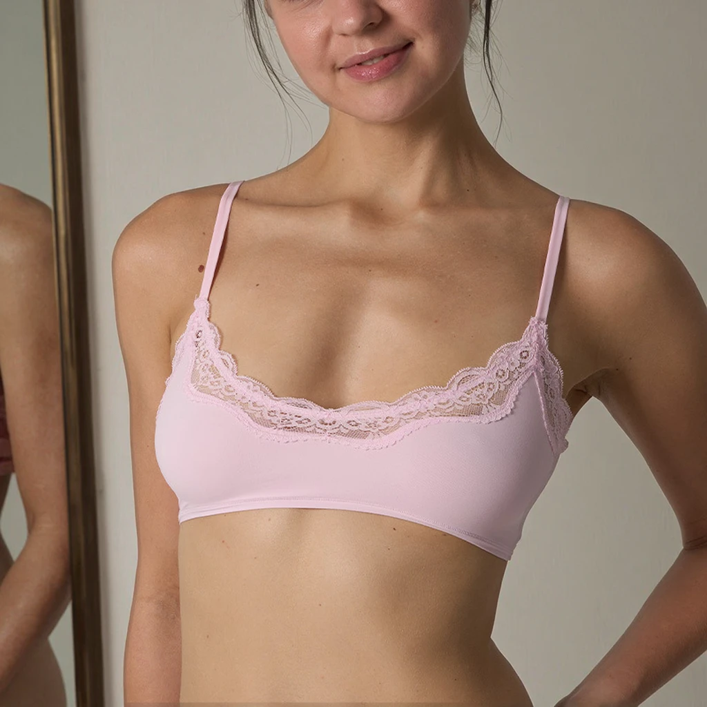 SUHE Lace Trim Thin Contoured Cups Breathable Knitted Nylon Spandex Wireless Bralette Women Convertible Strap Yoga Bra V Neck