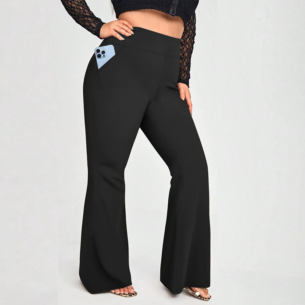 High-Waist Yoga Pants Frayed Edges Pockets 1XL-5XL Plus Size Solid Pattern High Elasticity Casual Flared Leggings Logo Waist