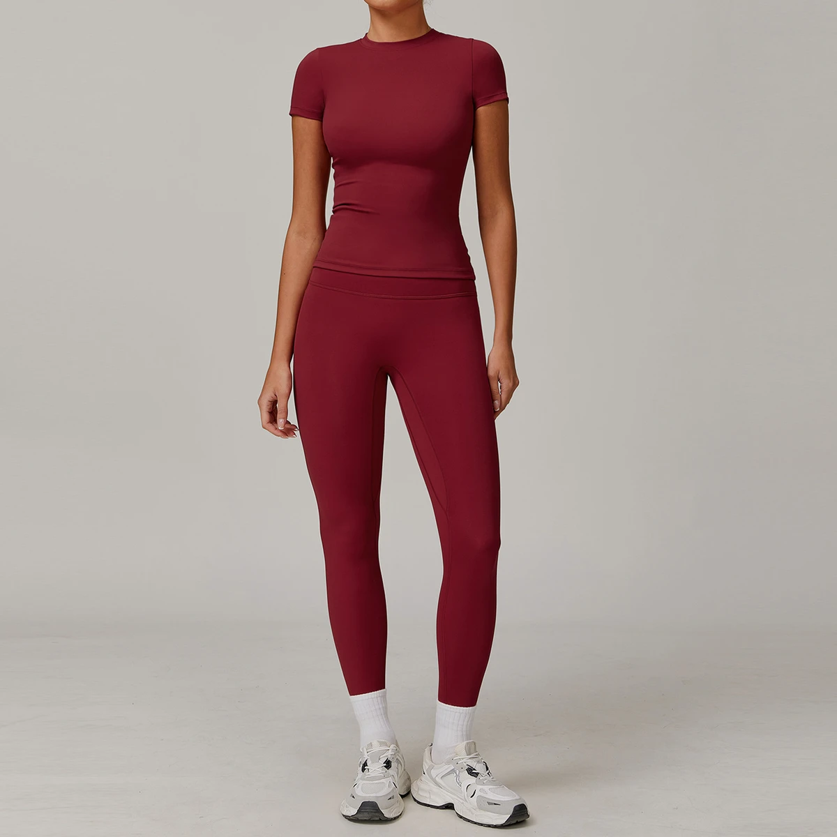 Full Size t Shirt + Legging 2 Piece Yoga Set Short Sleeve Crew Neck High Waist Butt Lift Pant Gym Fitness Lady Sport Yoga Sets