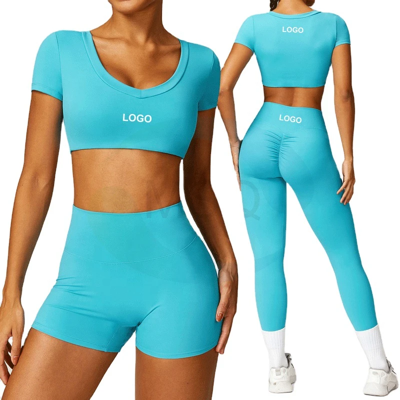 Custom Breathable High Elastic Sportswear Yoga Sets Short Sleeve Crop Top Leggings Two Piece Workout Sets for Women