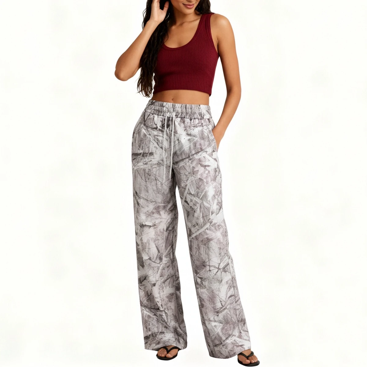 Women's New Fashion Camo Printed 100% Polyester Fleece Windproof Elastic Waist Mid Rise Straight Pants with Pockets Winter