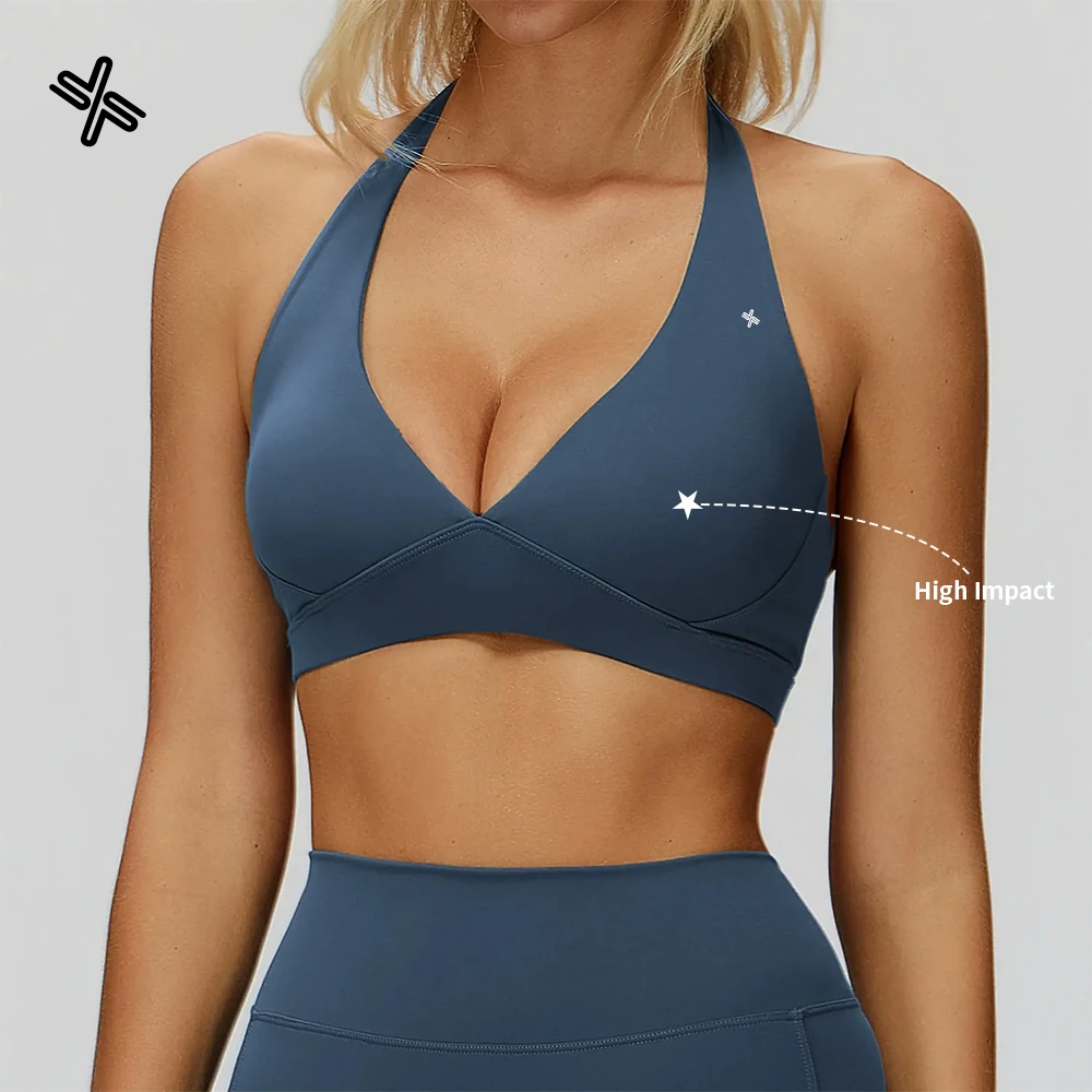 Wholesale V Neck Wireless Sports Bra High Impact Yoga Fitness Bra for Women Nylon Spandex Workout Bra Manufacturer