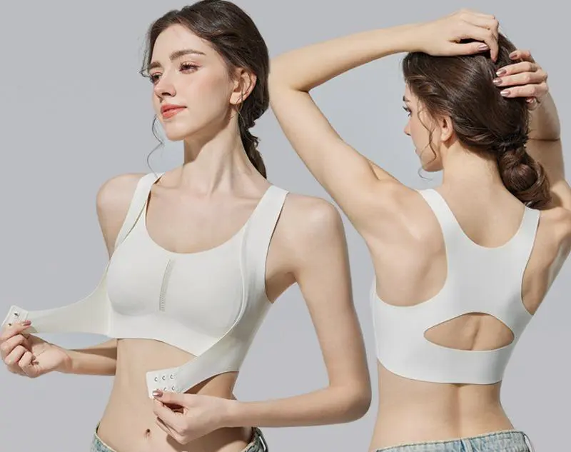 Women's Anti-Sagging Sports Bra with Adjustable Cross Straps Traceless Steel-Free Front Buckle Padded Underwear