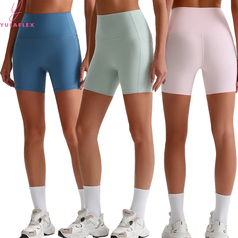 Custom Solid Yoga Shorts Quick Dry High Waist Tight Fitness Gym Shorts Riding Running Sports Short Pants With Pockets