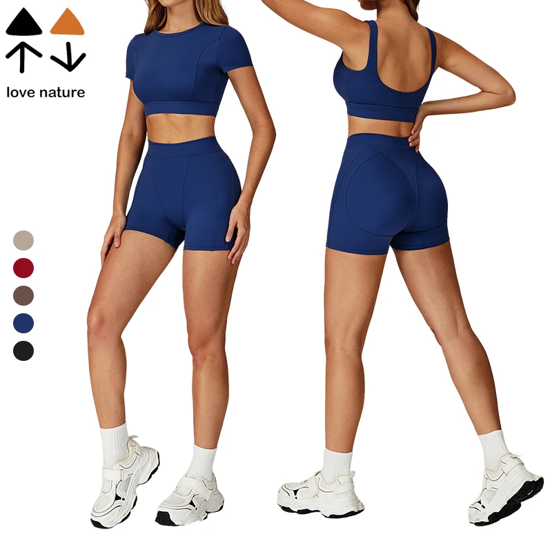 Women's Naked Feeling Yoga Set Neck Tight Shockproof Breathable Elastic Waist Nylon Spandex Sports Suit Running Fitness Yoga Set