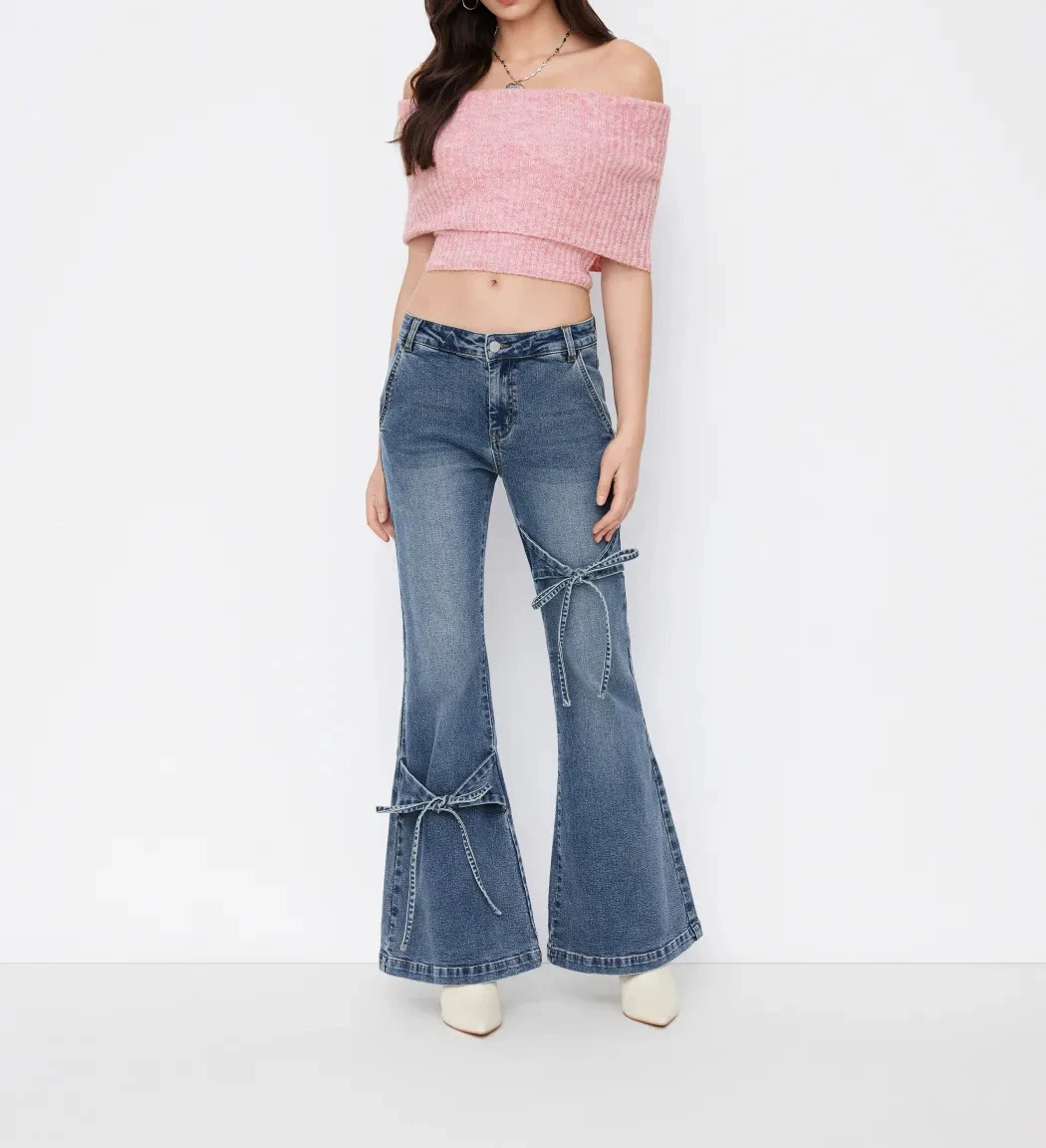 Women's Vintage Blue Flare Jeans, Mid Rise Bow Tie Detail Y2K Flared Bell Bottom Denim Pants