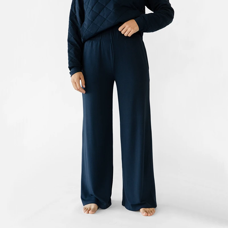 Custom Spring Sustainable Breathable Bamboo Cotton Spandex Quick Dry Anti-Wrinkle Loose Wide Leg Yoga Pants Embroidery Flat