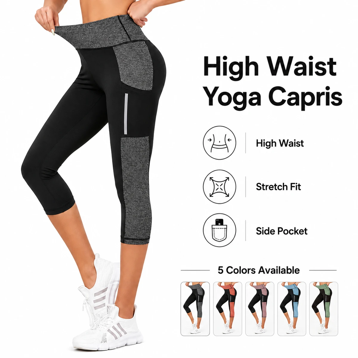Women Yoga Pants High Waist Tummy Control Capri Leggings Side Pocket Breathable Quick Dry Plus Size Activewear Gym Wear