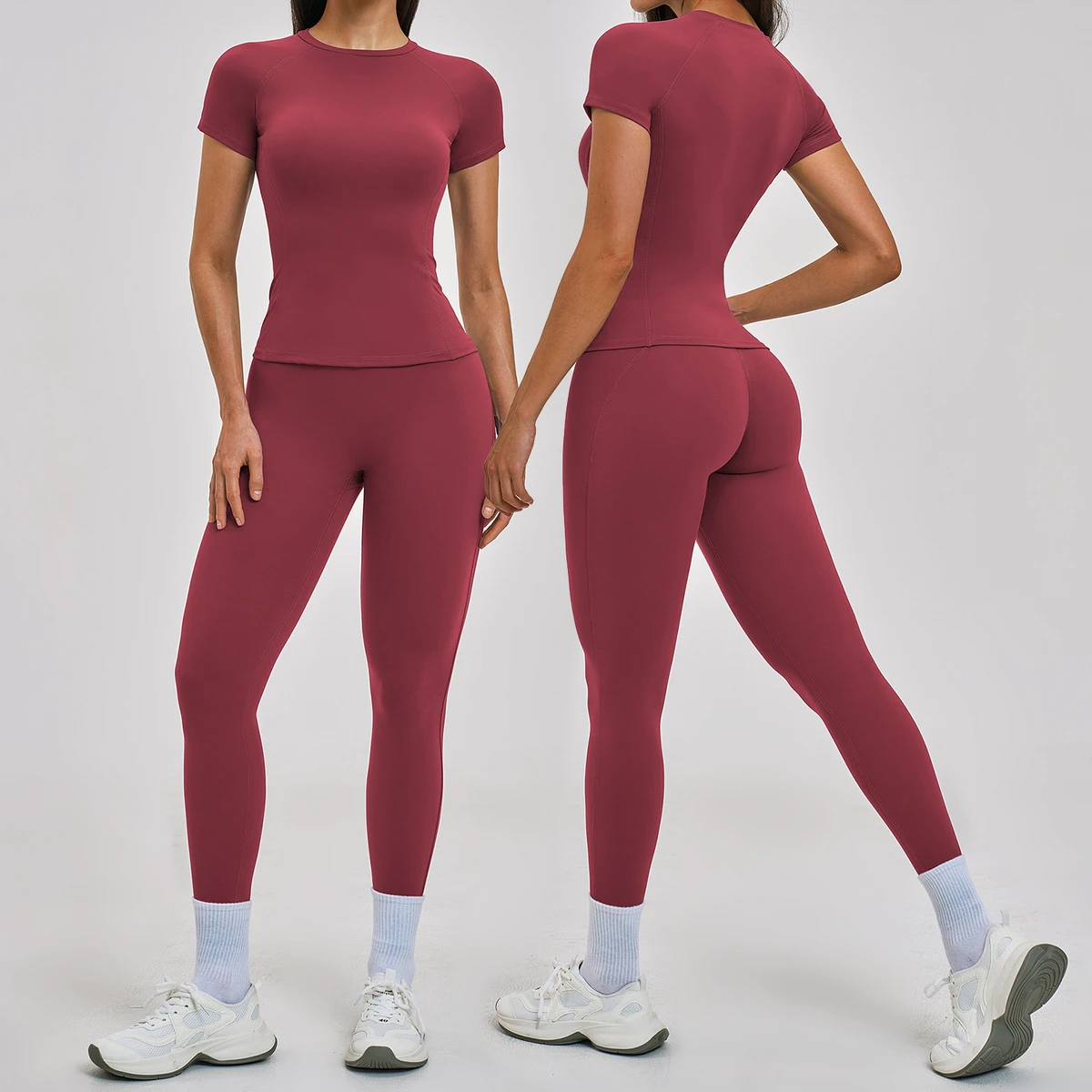 Women 2 Piece Yoga Outfit Summer Workout Sets Short Sleeve Crop Top Flare Leggings High Waist Gym Activewear for Fitness Running