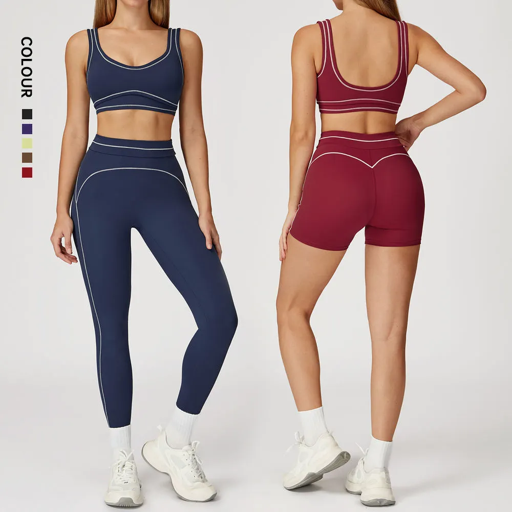 Women's Adjustable Double Straps Gym Running Workout Outfit Color Block Sports Bra Legging Set Breathable Lightweight Solid