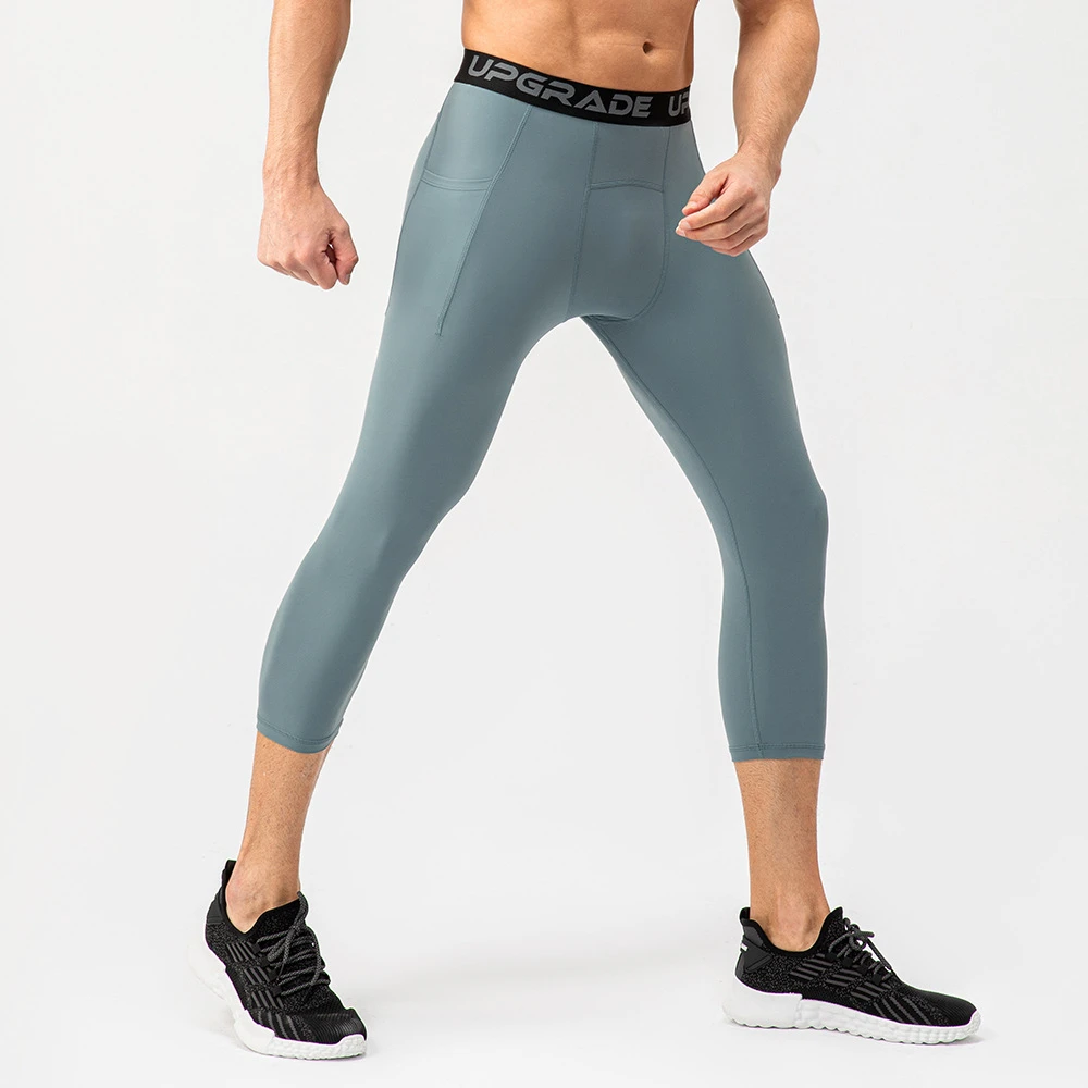 Custom Logo Nylon Quick Dry Cropped Pants Compression Basketball Training High Waist Sport Men Leggings for Gym