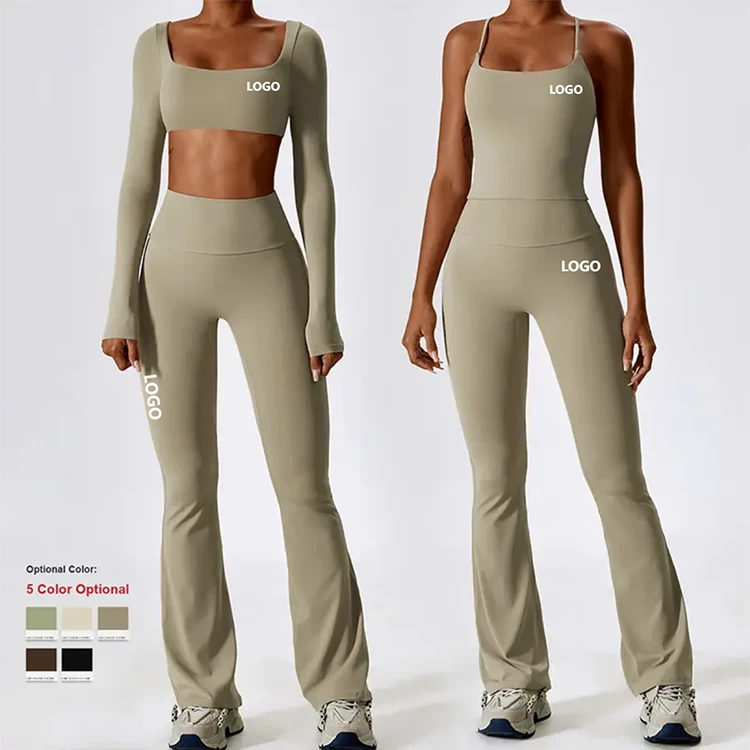 High Quality Women Two Piece Yoga Set Quick Dry Backless Sport Bra High Waist Flare Leggings Breathable Fitness Wear Custom Logo