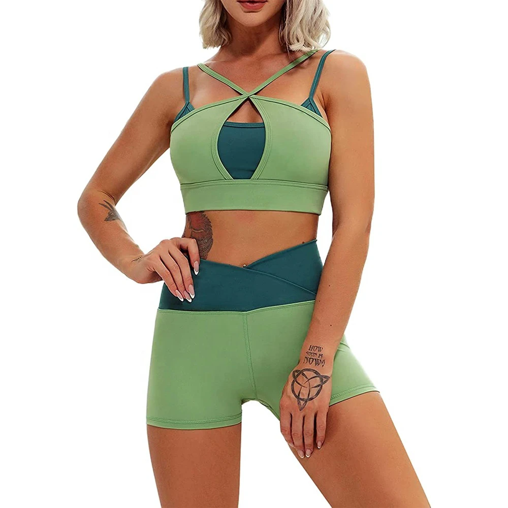 Women's 2-Piece Workout Set Cross Straps Bra & V Waist Running Shorts Plus Size & Lightweight Sports Gym Yoga Clothes