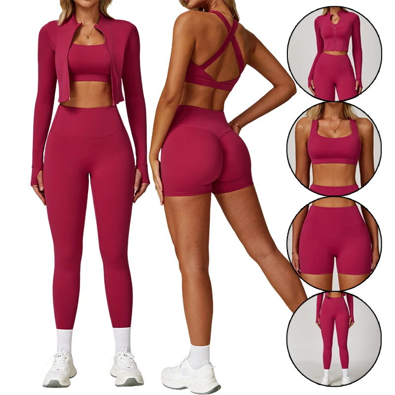 Free Matching Workout Outfits for Women Custom Color Block Gym Fitness Set Breathable High Waist Flare Pants Yoga Suits 4pcs