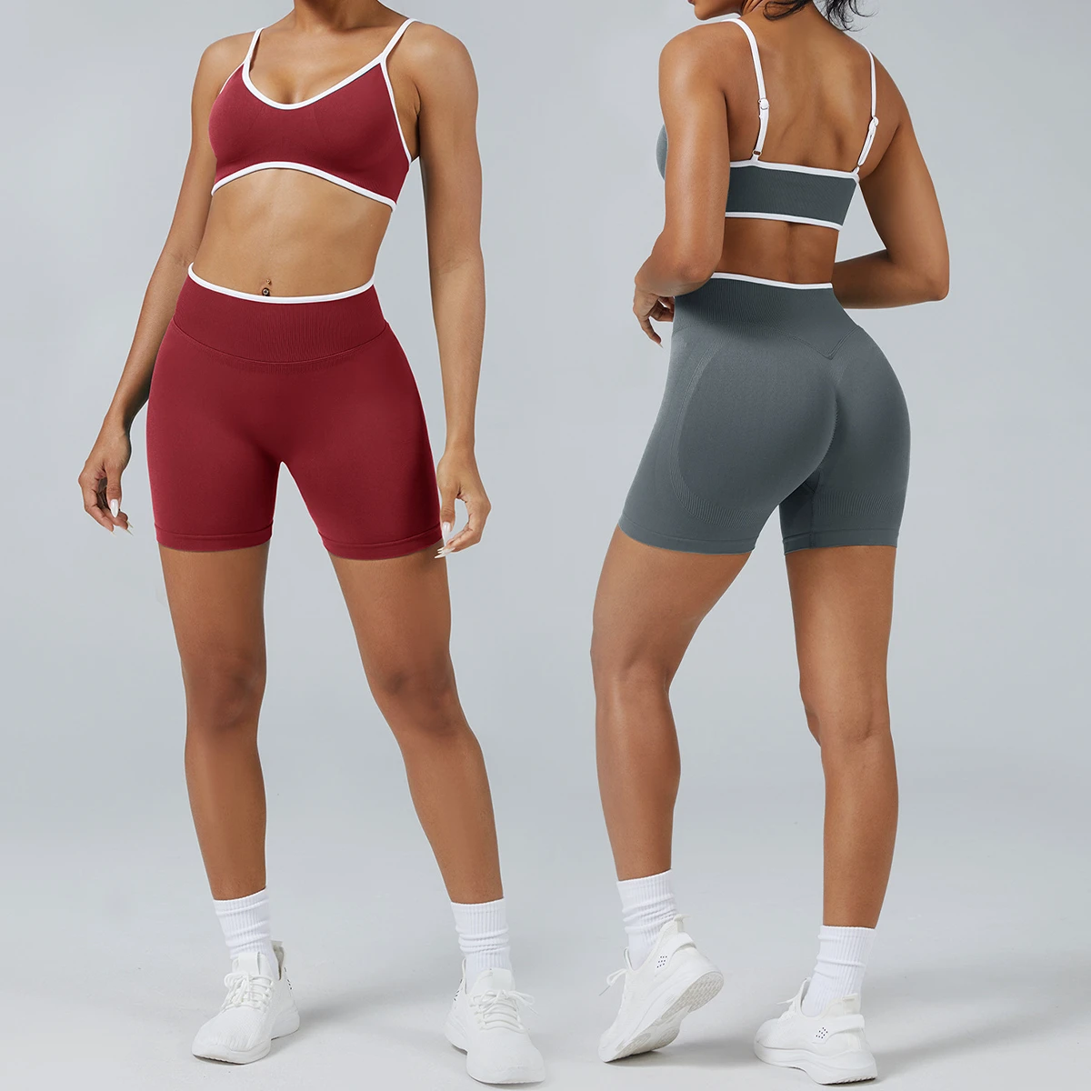 XW-TZ3006 Seamless Spliced Lines Adjustable Bra Sports Tops Scrunch Yoga Shorts Sportswear Breathable Gym Yoga Set Women