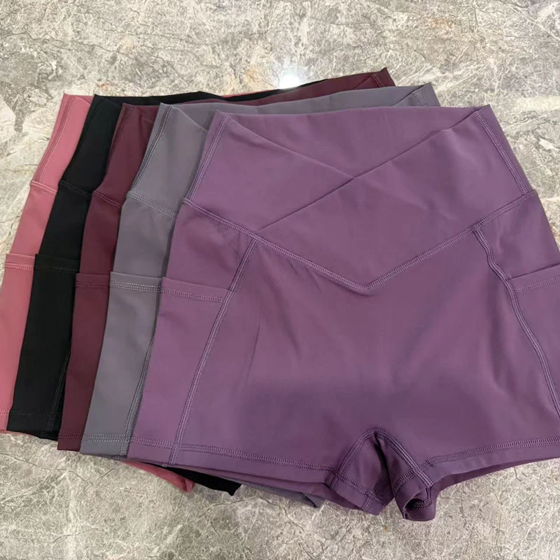 Custom Logo High-Waisted V Cross Spandex Workout Yoga Booty Shorts with Breathable Pockets for Volleyball