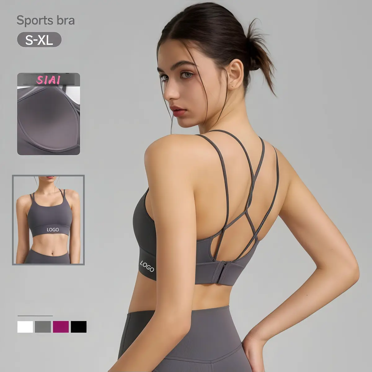 OEM/ODM Women Front Fashion Back Cross Straps Sports Bra Adjustable Triple Hook Closure Wide Band Support Shockproof Quick Dry