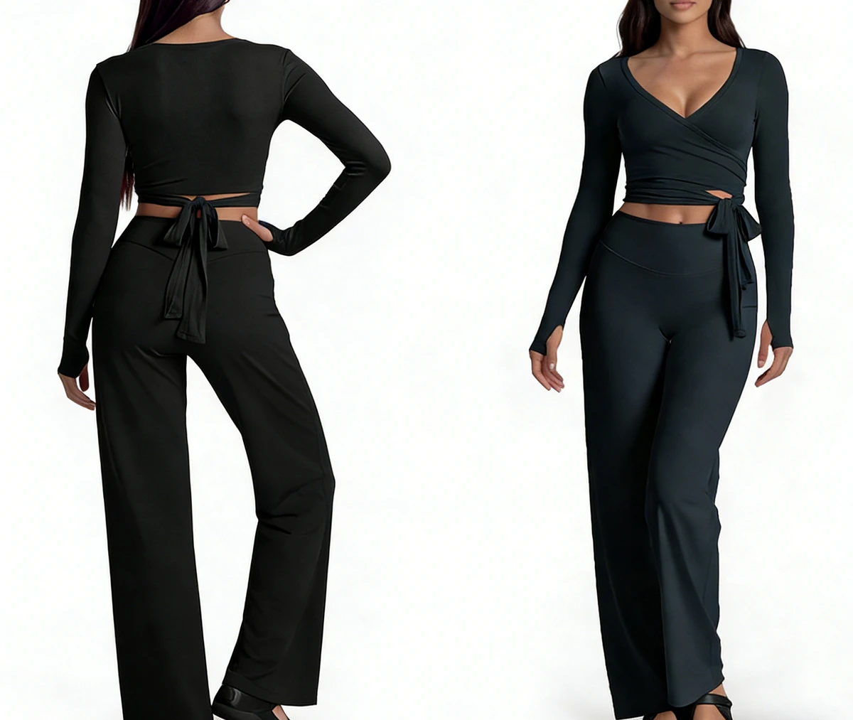 Women's Ballet Style Yoga Set Long Sleeve Cross Wrap Tie Top High Waist Flared Leggings Workout Fitness Outfit