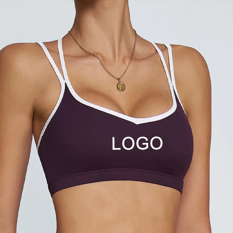 OEM Custom Logo Women's Sports Bra with Double Straps Contrast Trim, Light Support for Yoga & Fitness