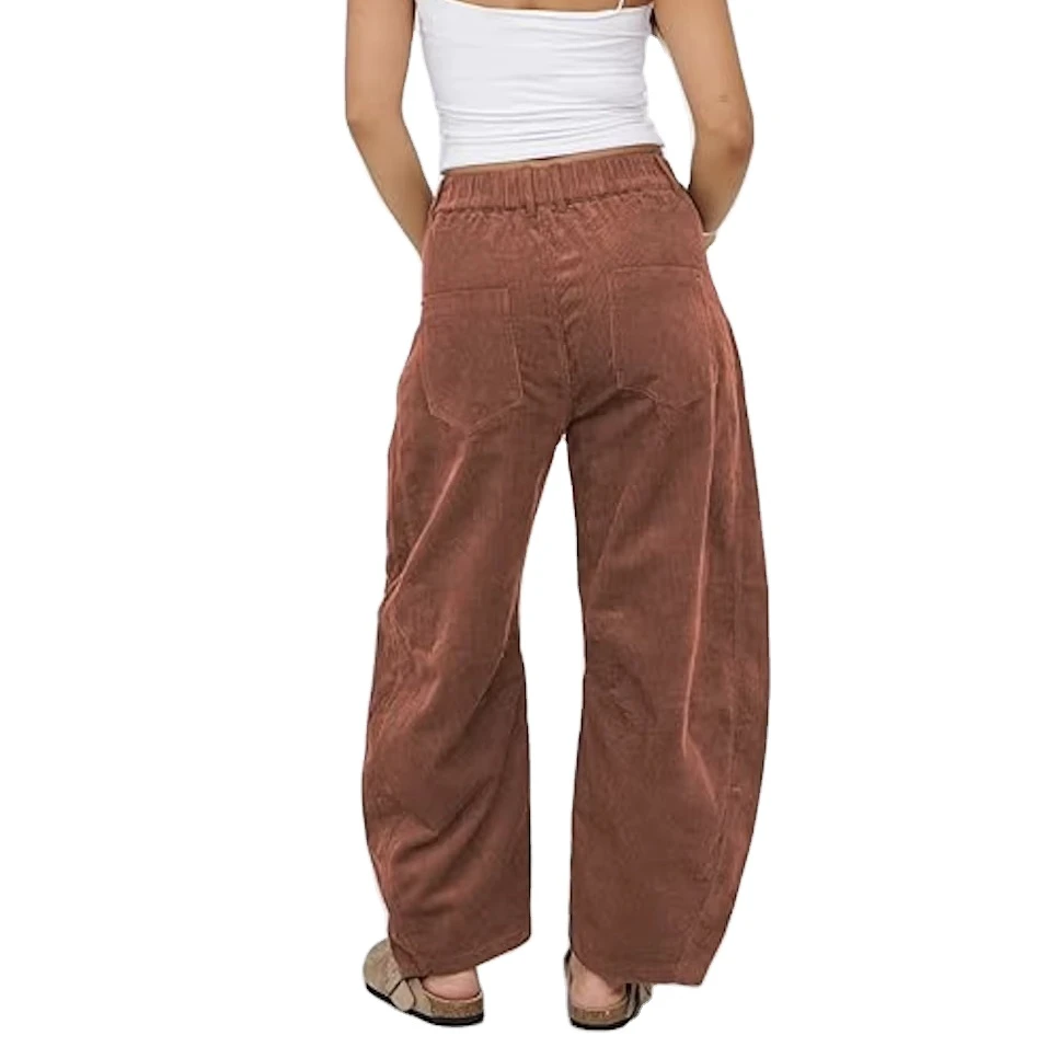WOMEN MID RISE CORD BARREL JEANS CASUAL BAGGY WIDE LEG CORDUROY CROPPED ANKLE PANTS POCKETS DIRECT FACTORY BANGLADESH NEW