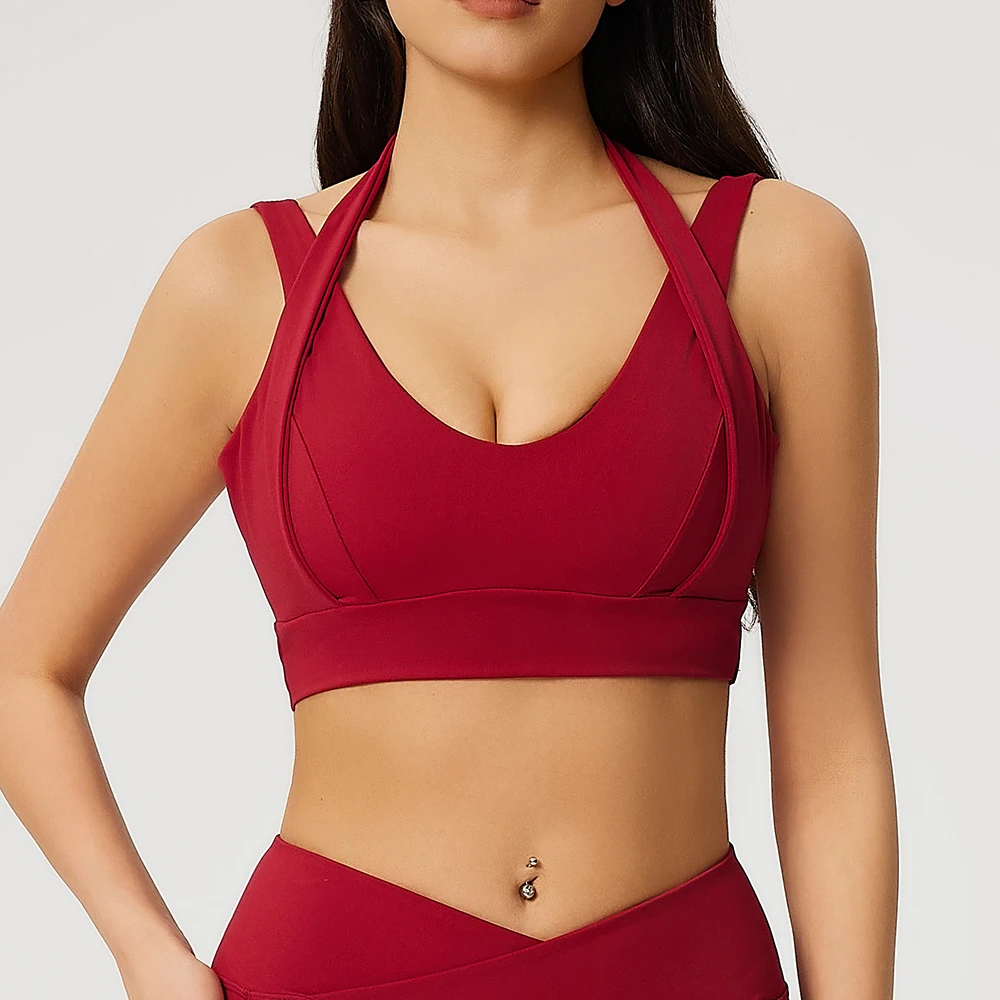 Women's Halter Neck Open Back Breathable Quick Dry Sports Bra High Support Customizable Logo Nylon Spandex Yoga Top