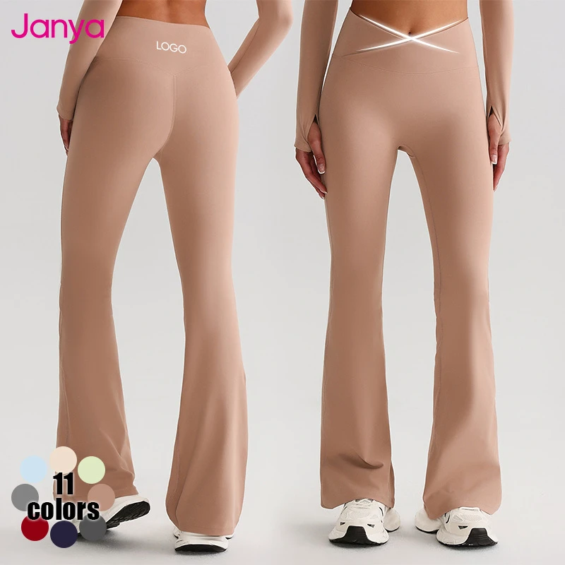 Janya Recycled Breathable Cross Waistband Solid Sports Gym Fitness Pants Quick Dry High Waist Flare Yoga Leggings for Women