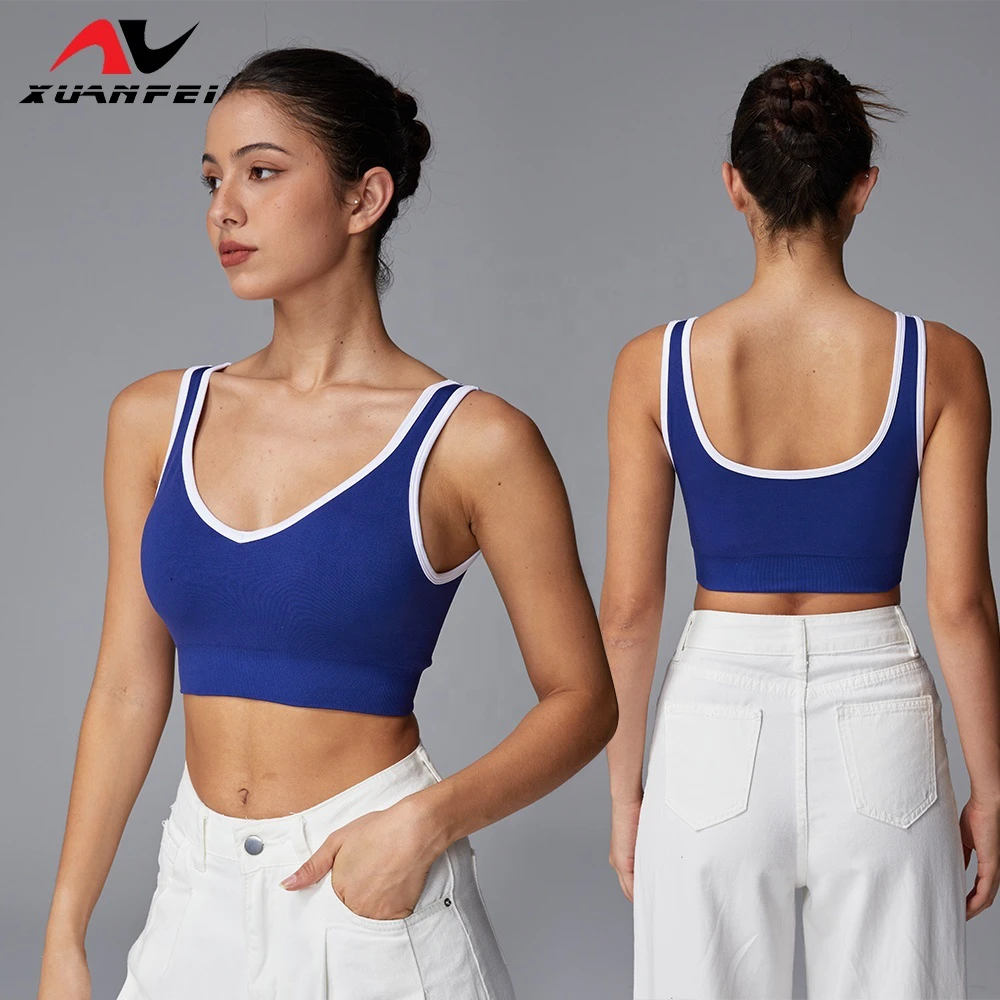 Fresh Fashionable High-Elasticity Breathable Comfortable Simple Design Blue and White Border Sports Vest Yoga Bra