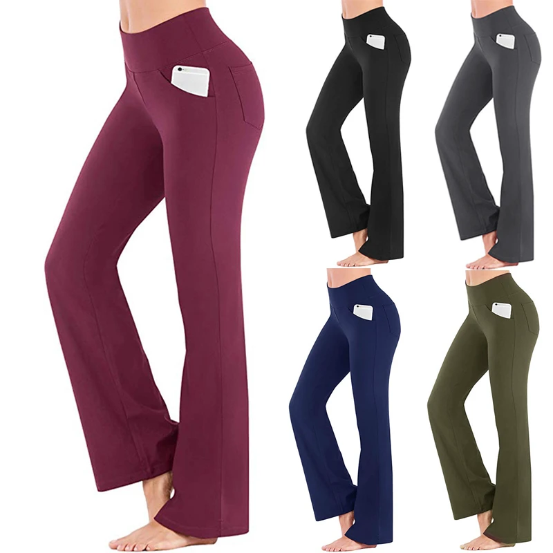 Women's High Waist Bootleg Yoga Pants with Side Pockets Tummy Control Workout Flare Pants Solid Pattern Mid Waist Type
