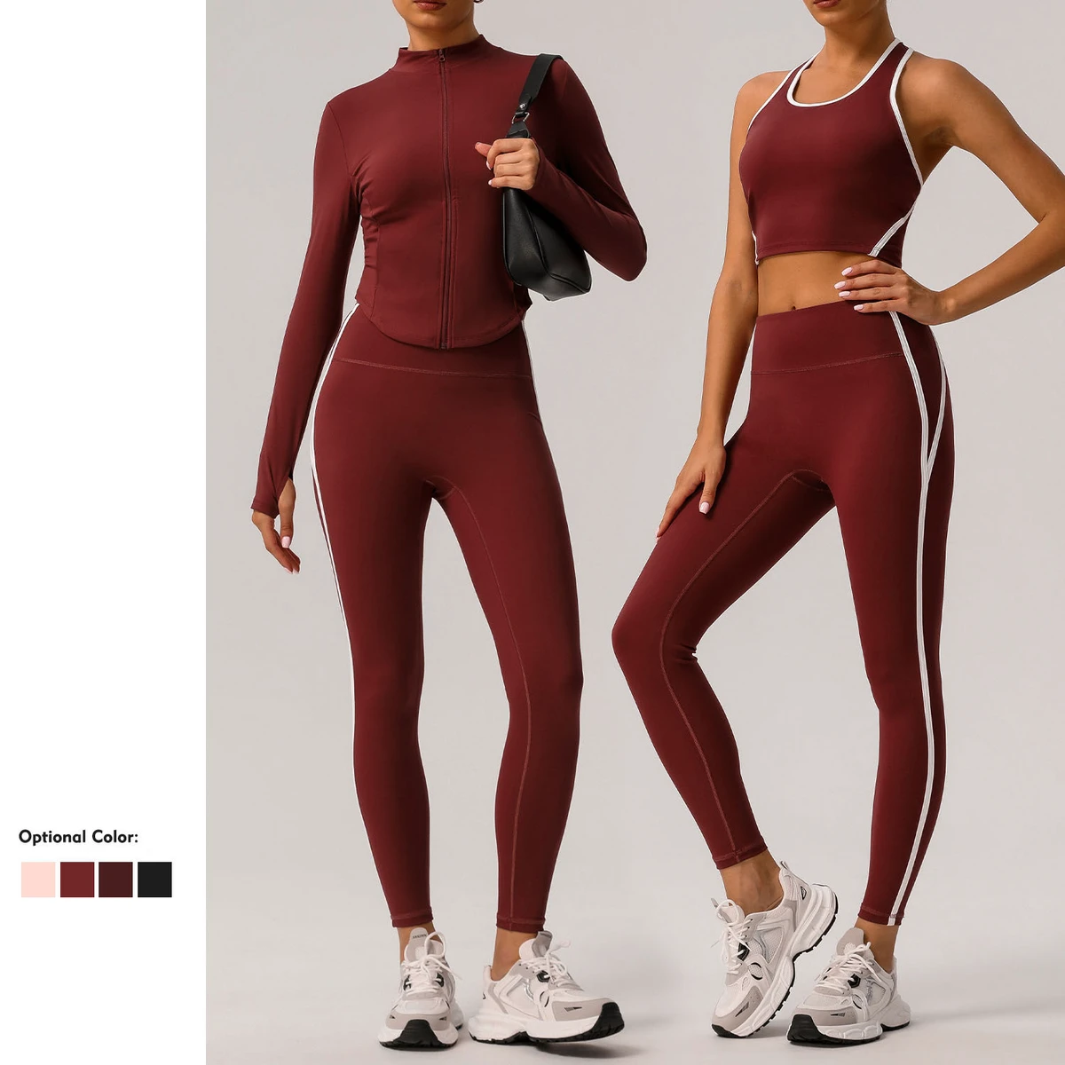 Color Blocking Tight Slimming Women Yoga Wear Outdoor High Waist Fitness Sport Set Long Sleeve Zipper Two Piece Yoga Set
