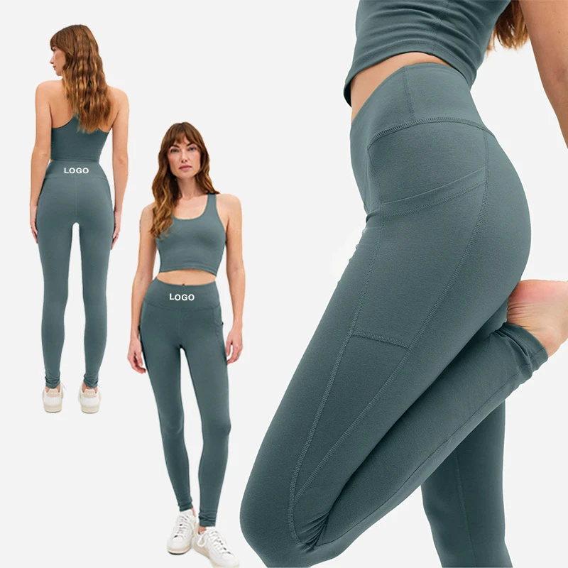 High Waist Solid Color Knitted Leggings With Pockets Stretch Breathable Full Length Sporty Women's Yoga Pants