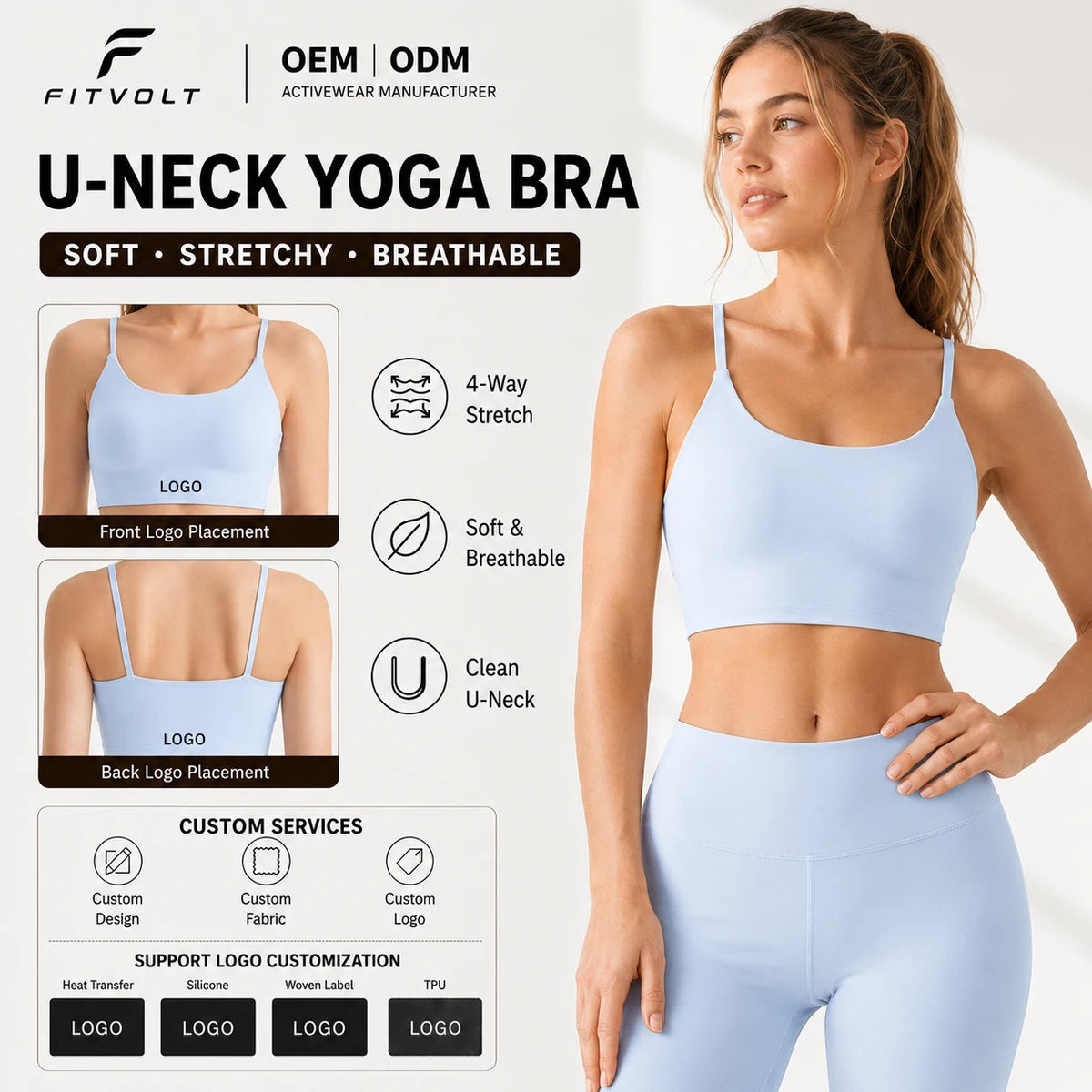 FITVOLT U-Neck Yoga Bra for Women Soft Stretchy Breathable Sports Bra Activewear Top with Custom Logo OEM ODM Fitness Wear