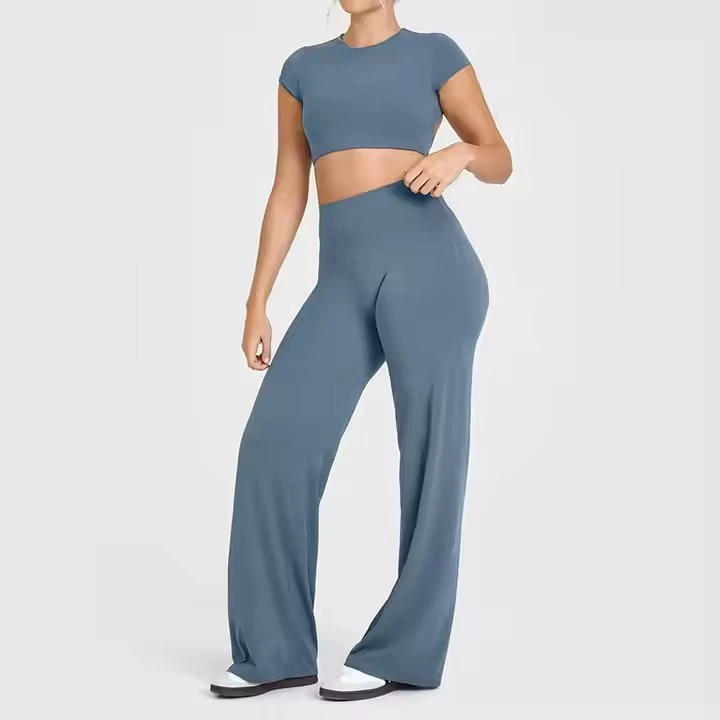 Women Breathable Stretchy Activewear High Waist Flared Legging Fitness Outfit with Hollow Out Back Crop Top 2 Piece Set