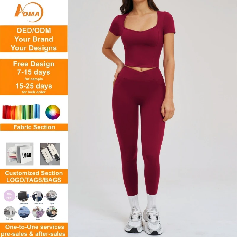 Aoyema Sportswear 2 Piece Sports Gym High Waist Elastic Workout Pilates Activewear Custom Gym Fitness Bra Crop Top Yoga Sets