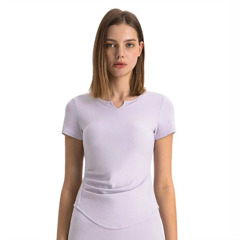 SPR Ribbed Knit Breathable Spandex/Nylon Stylish Small V-neck Womens Sports Short-sleeve Figure-flattering Yoga Top Fitness