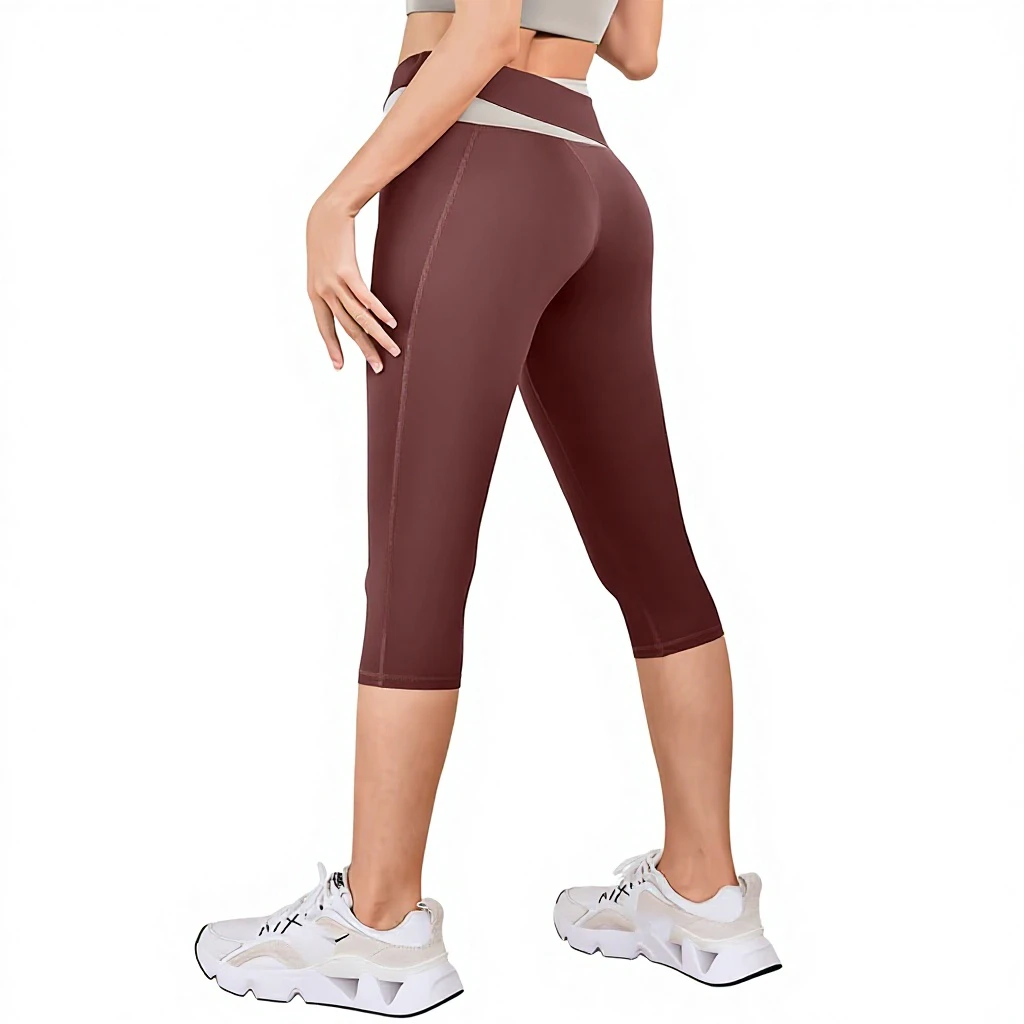 Seamless Breathable High Elastic Calf-Length Yoga Pants Peach Color High Waist Sweat-Wicking Workout Pants Color Blocking XS