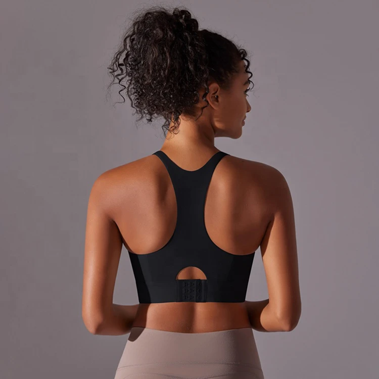 Custom Women's Breathable Simple Fitness Cross Back Padded Seamless Zip Front Yoga Sports Bra for Gym
