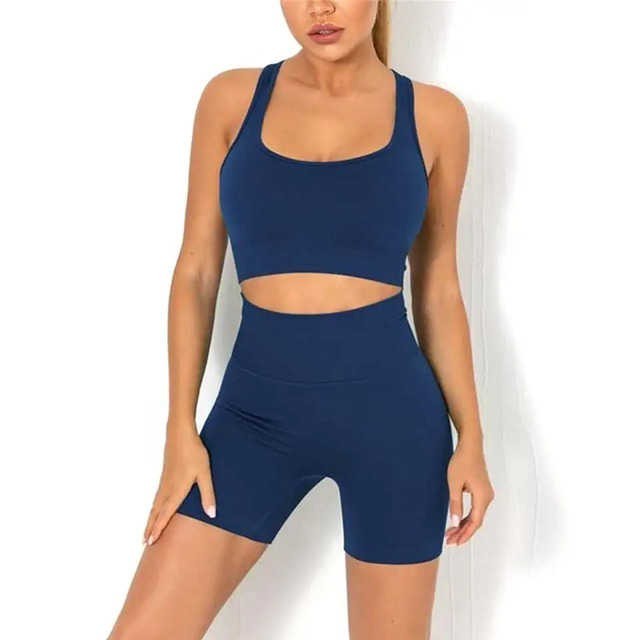 Custom Design Solid Cotton Women Yoga Gym Set Seamless Two Piece Activewear Sports Bra Workout Shorts Skinny Fit Summer
